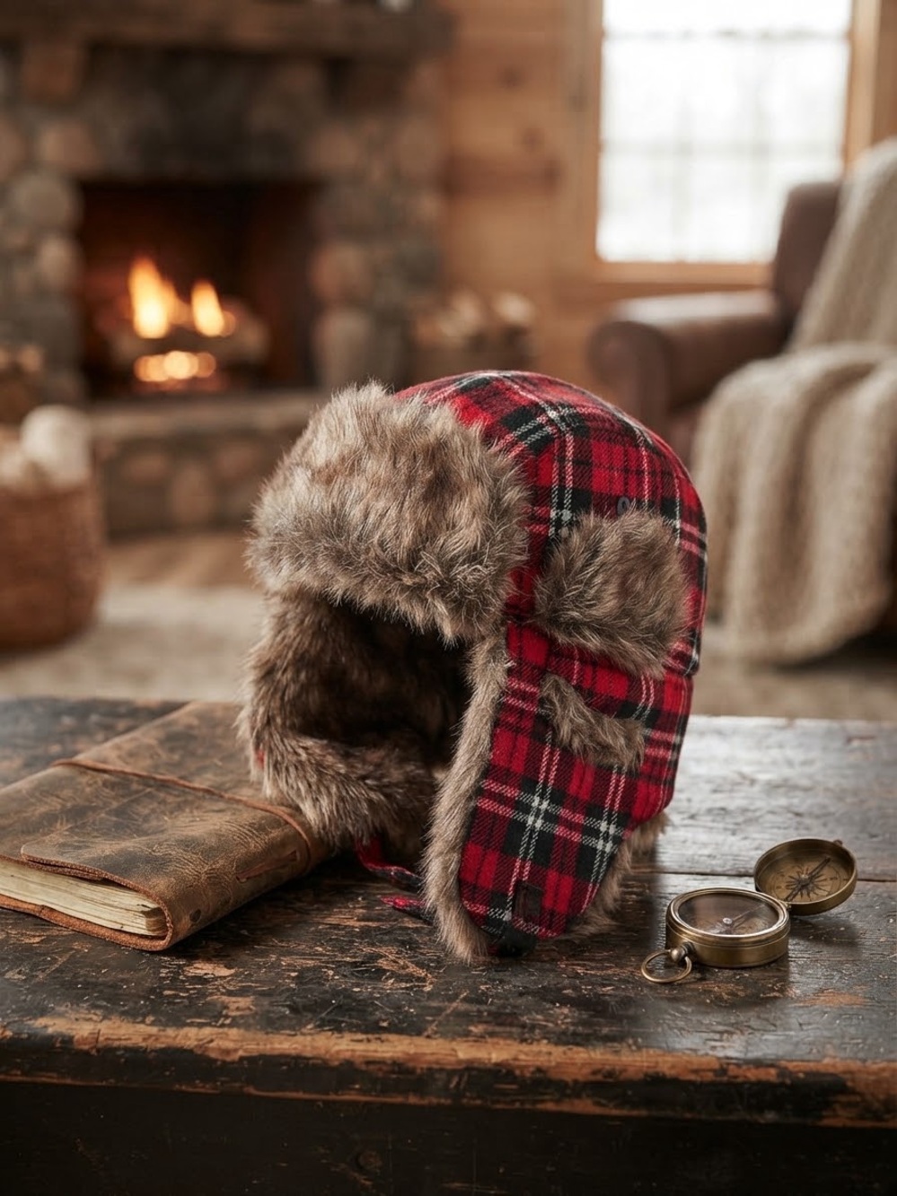 Faux Fur Lined Kids' Red Plaid Trapper Hat